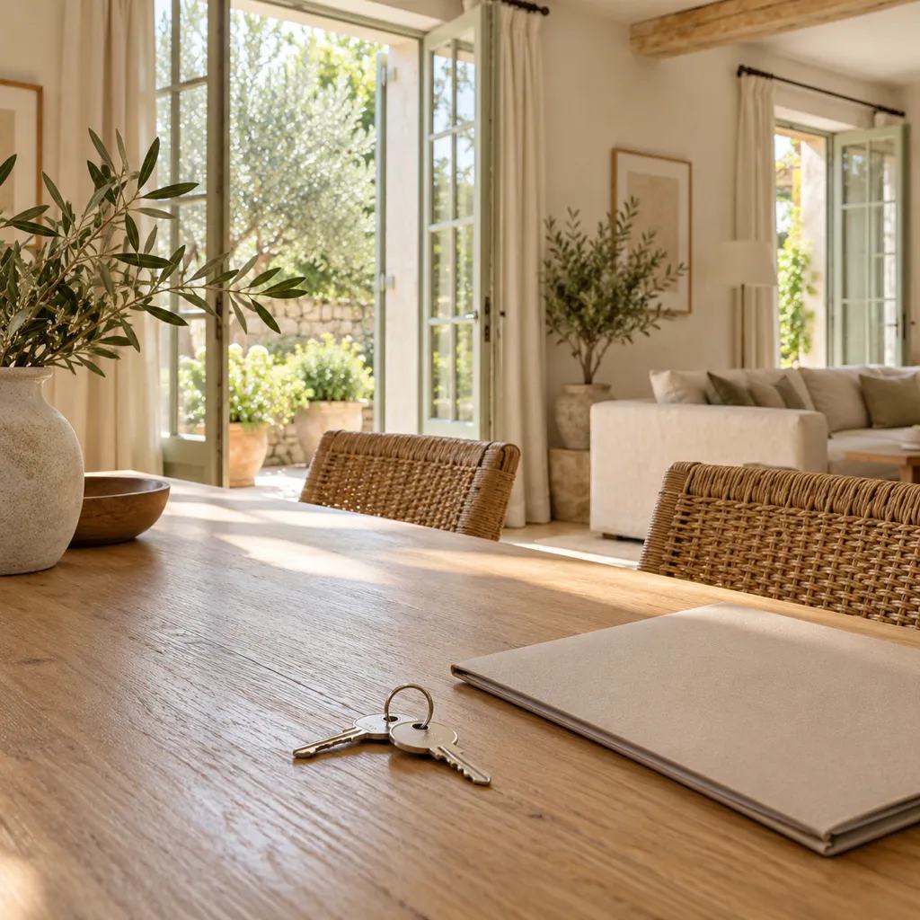 Trousseau de clés et dossier sur la table d'un appartement lumineux ouvert sur un jardin
