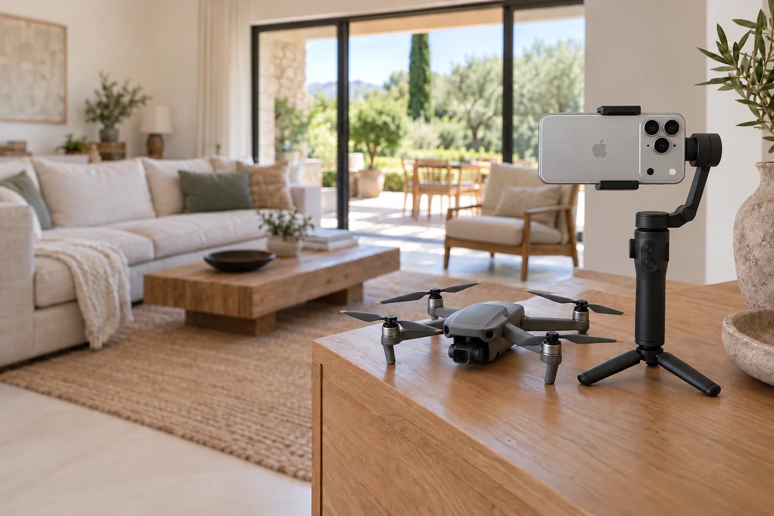 iPhone sur stabilisateur et drone pour les prises de vue immobilières
