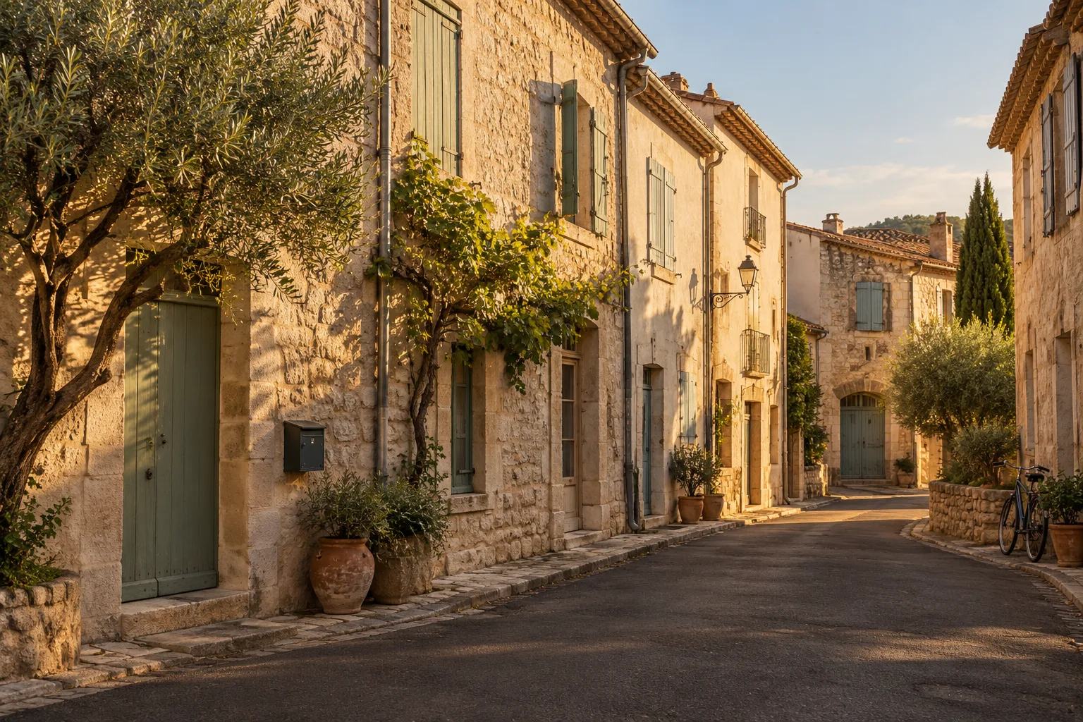 Rue de village en pierre aux volets verts sous le soleil de fin de journée